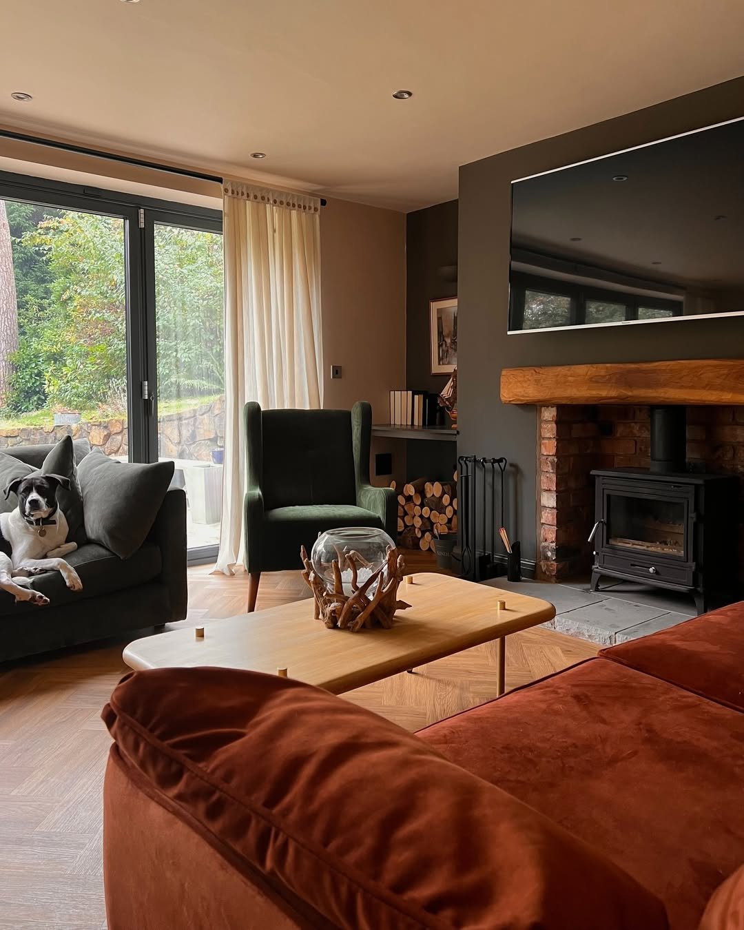 Olive-Grey Lounge with Wood Burner