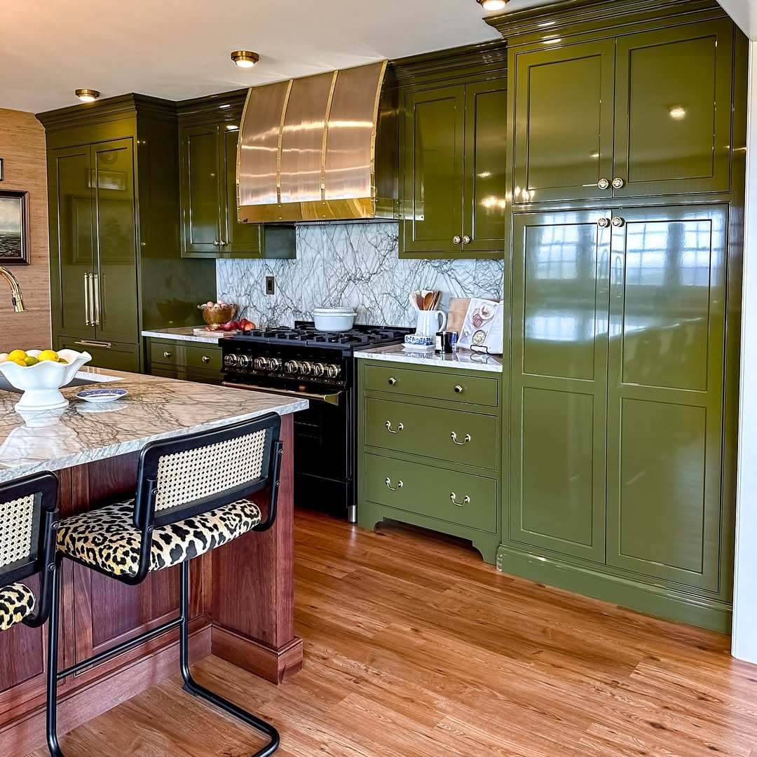 Olive Lacquer Cabinets