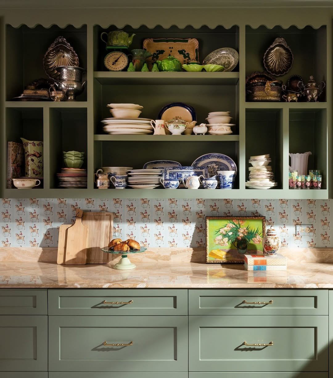 Open Green Kitchen Shelving