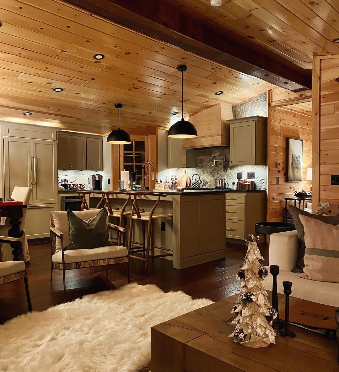 Open Shelves in a Log Cabin Kitchen
