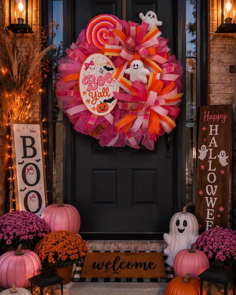 Pink and Orange Halloween Wreath