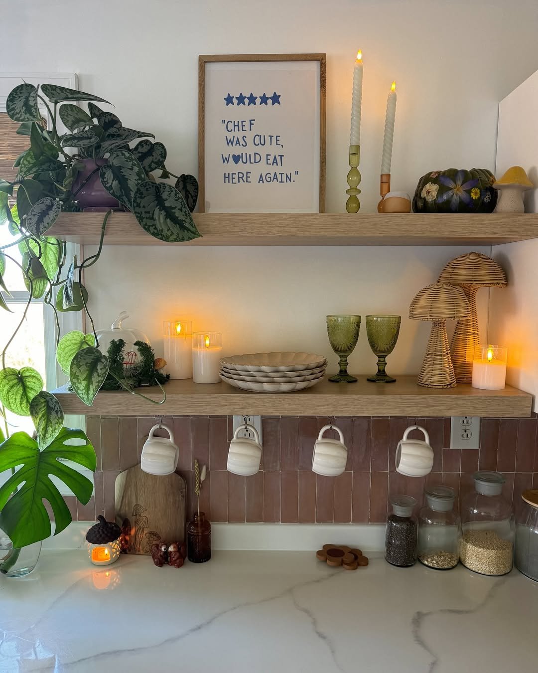 Plants Gourds and Mugs Kitchen Shelf Styling