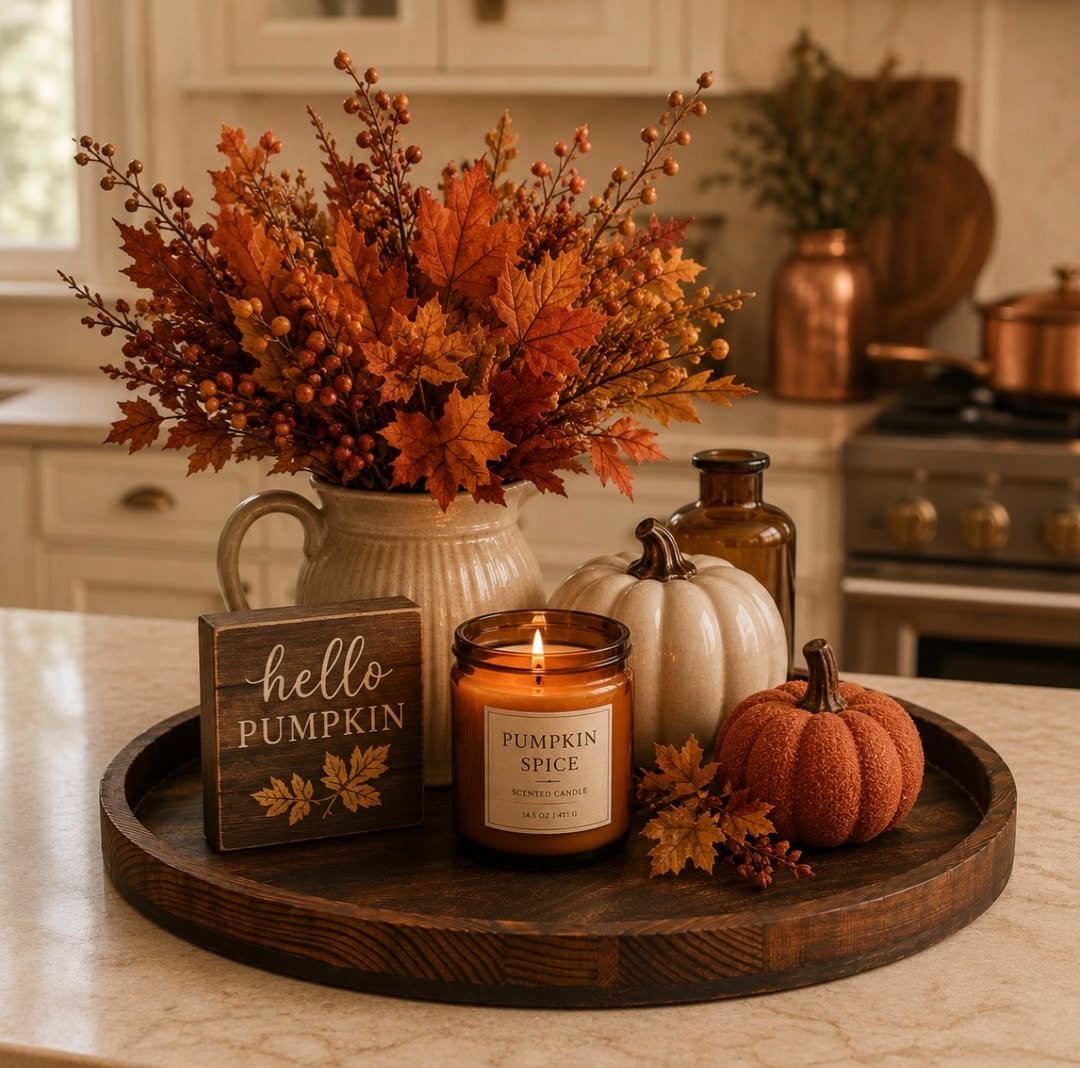 Round Dark Wood Pumpkin Spice Tray