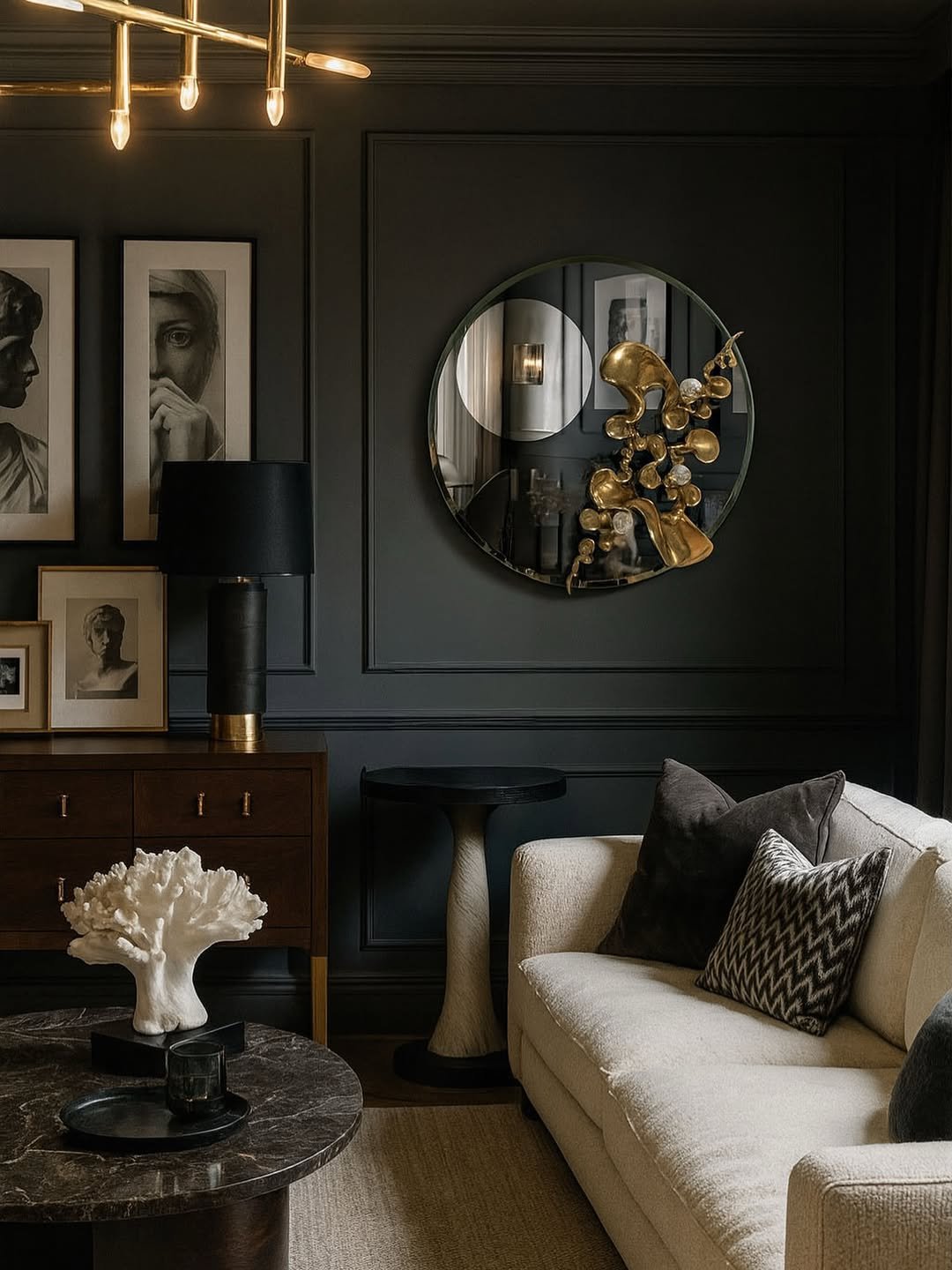 Round Mirror with a Dark Border and Brass Gold Bubbles