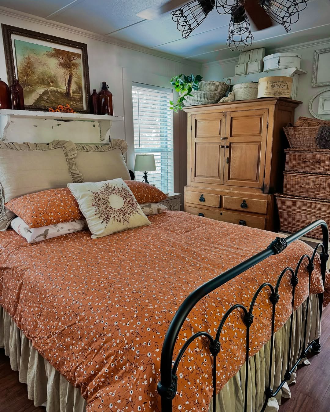 Rust Floral Bed with Salvaged Headboard
