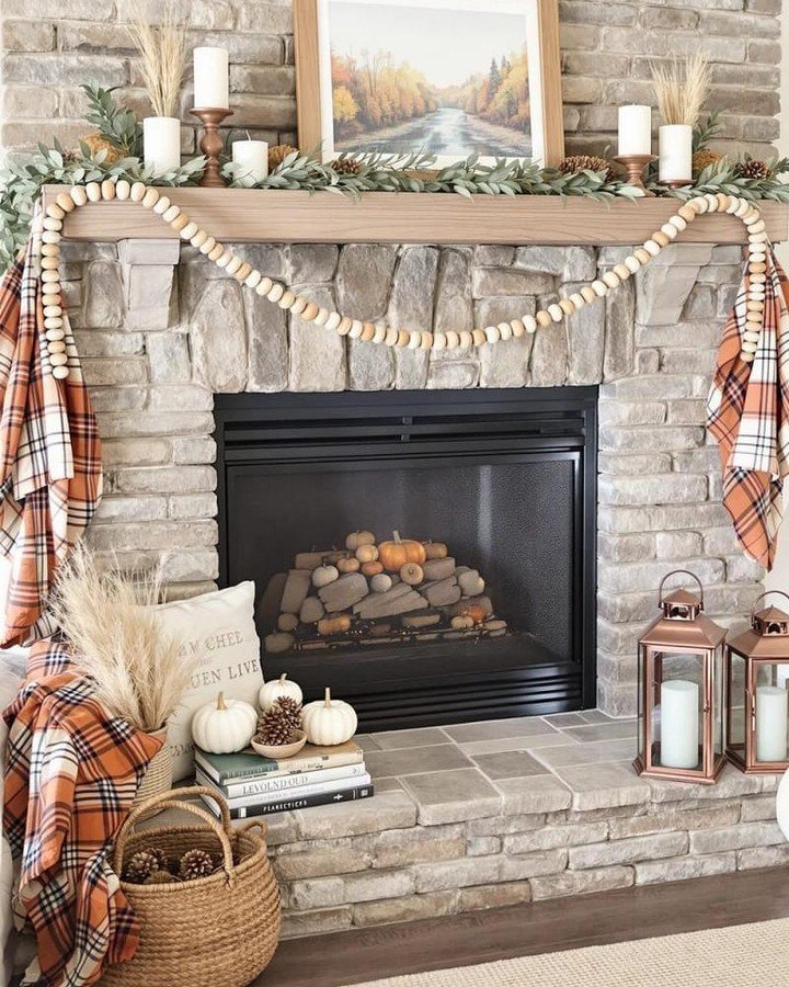 Rustic Plaid Stone Mantel