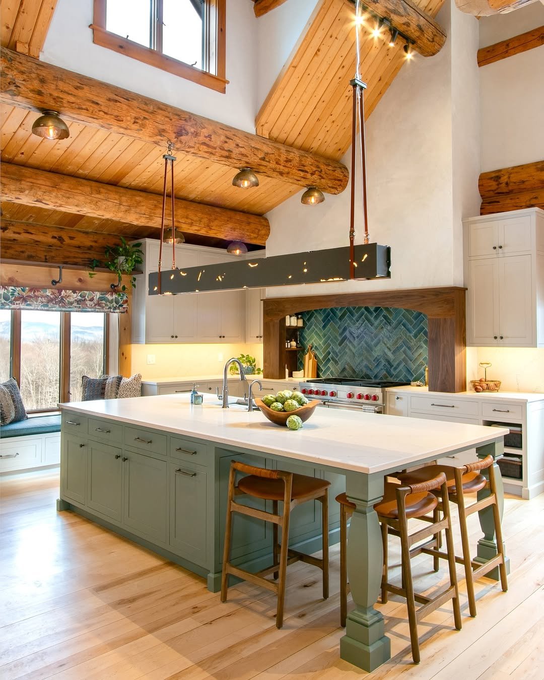 Sage Green Kitchen Island in a Log Home