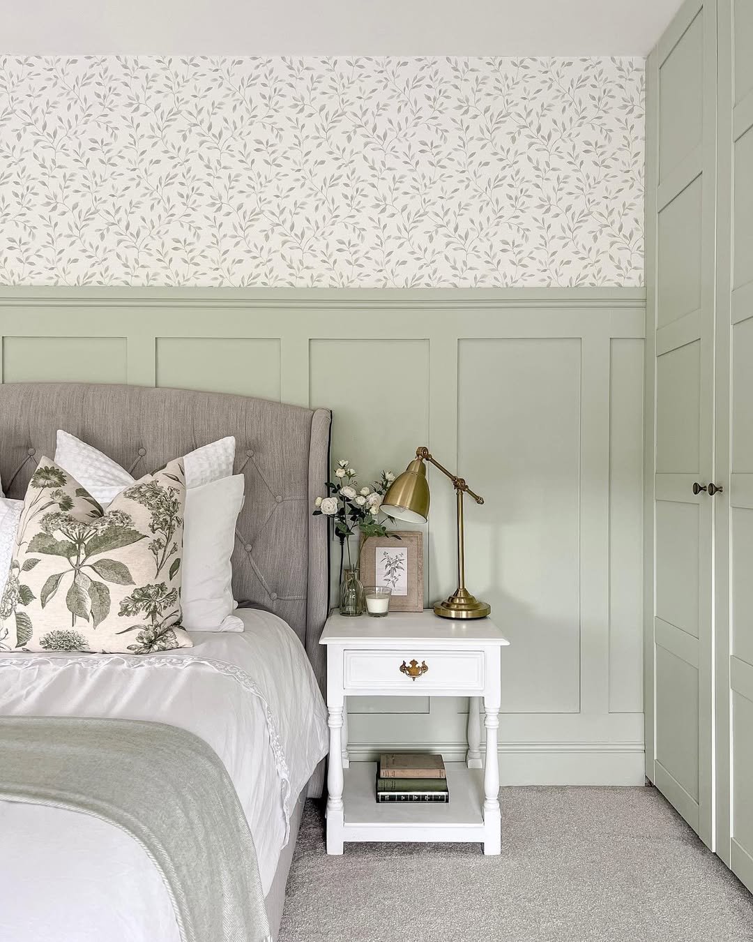 Sage Green Panelling and Trailing-Leaf Botanical Wallpaper