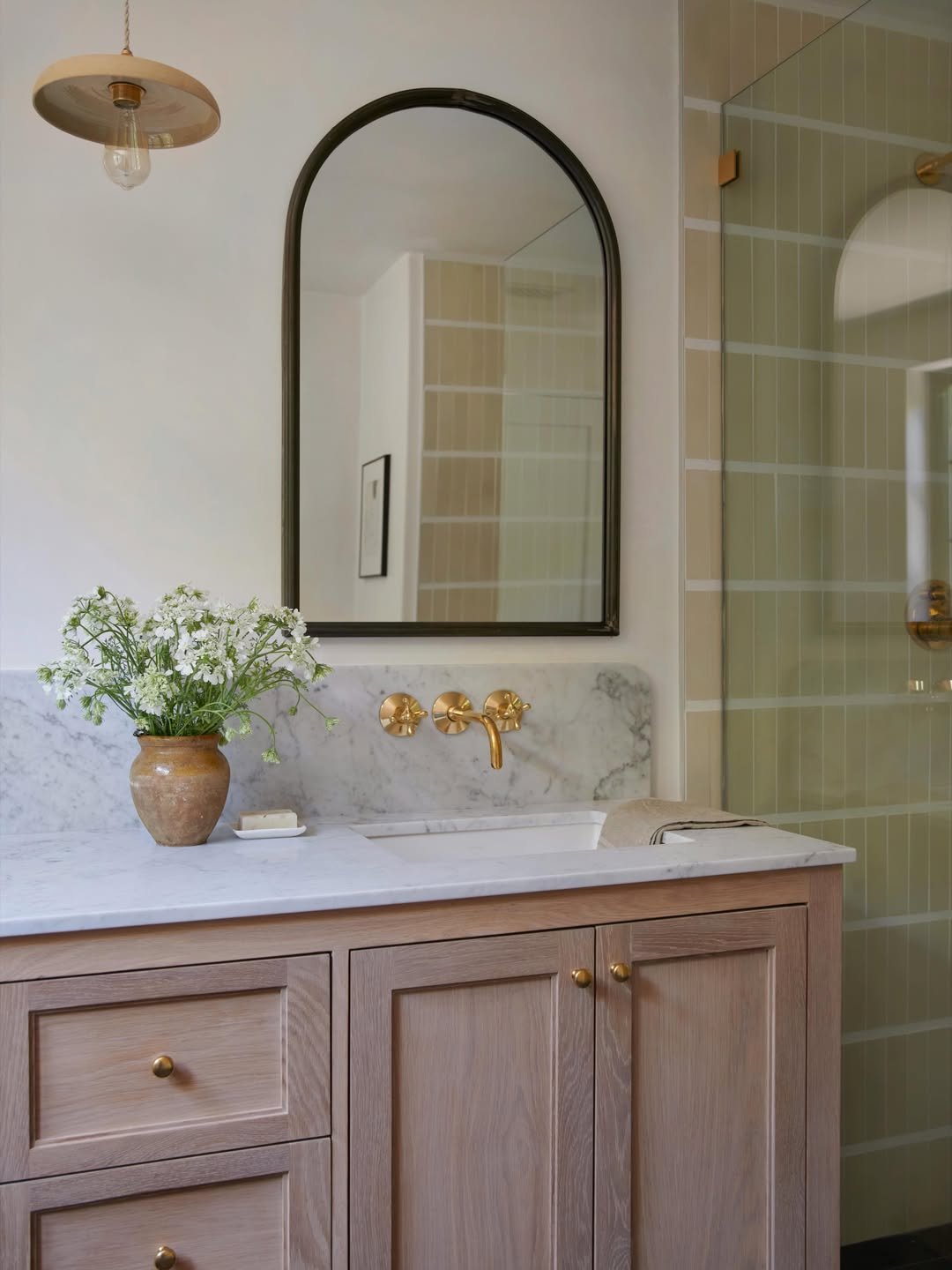 Sage Green Tile with Oak Vanity and Carrara Marble Countertop