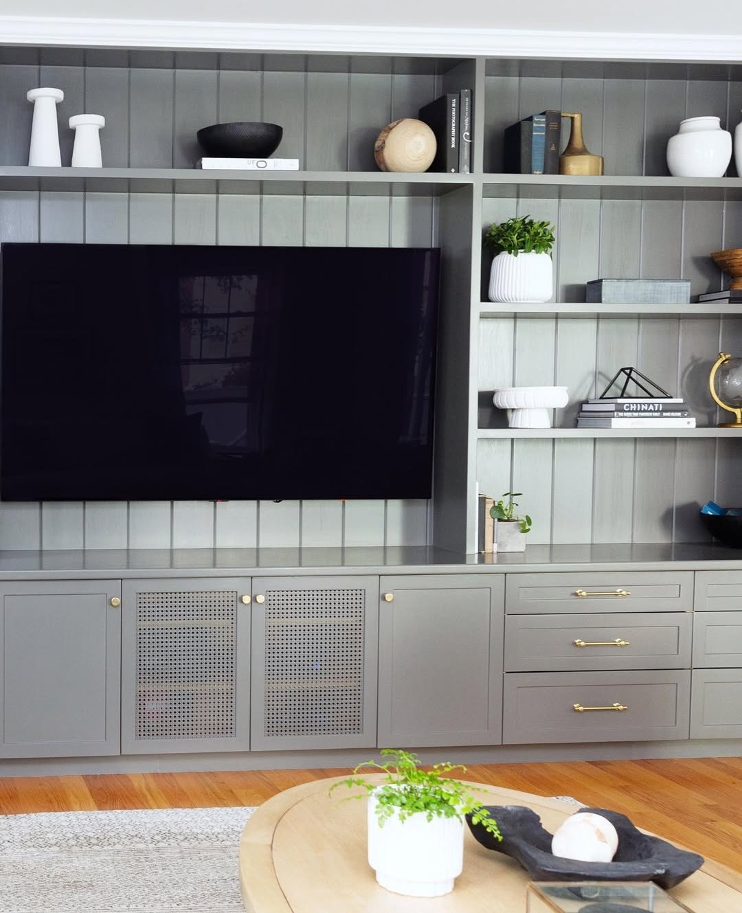 Sage Media Wall with Grey Green Shelving