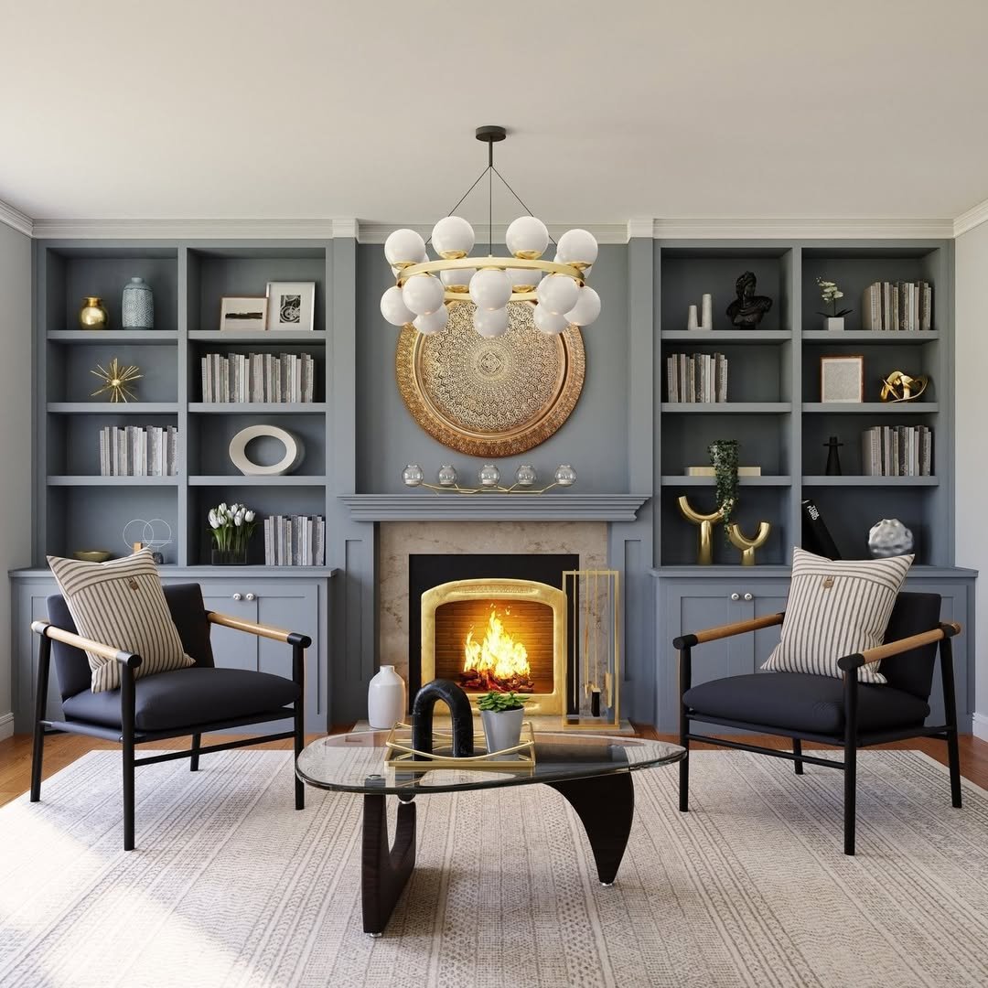 Slate Blue Grey Bookcases with Marble Fireplace