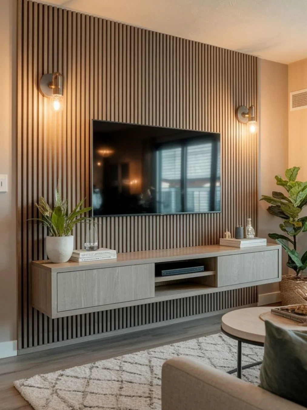 Slatted TV Wall with Sconces