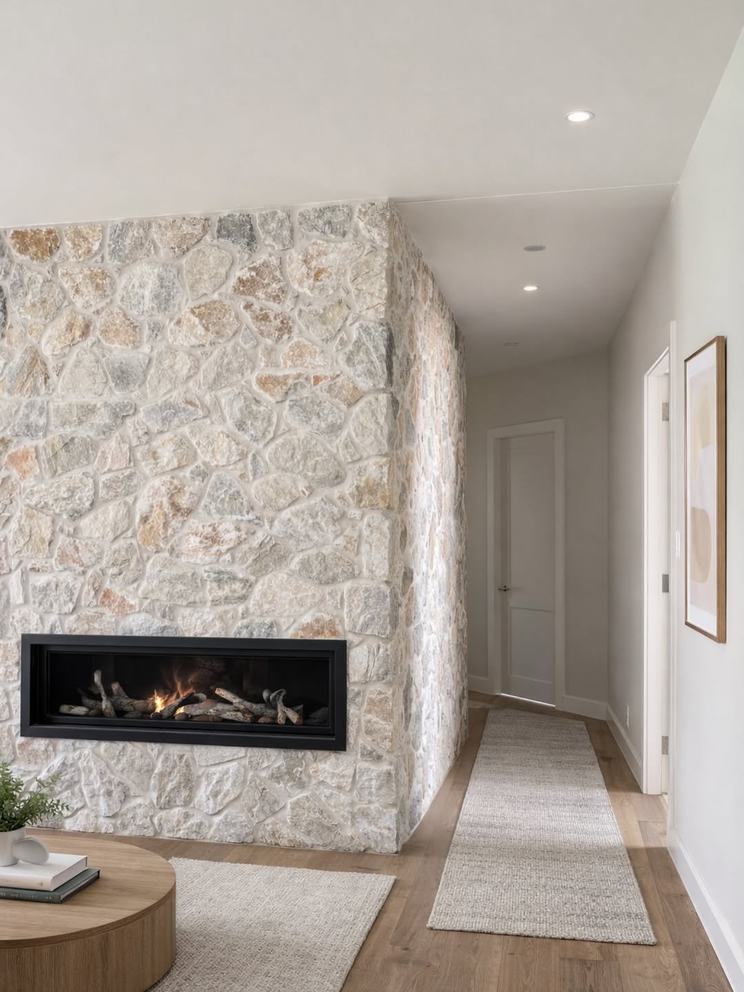 Smooth Light Grey Cobblestone Fireplace Corner
