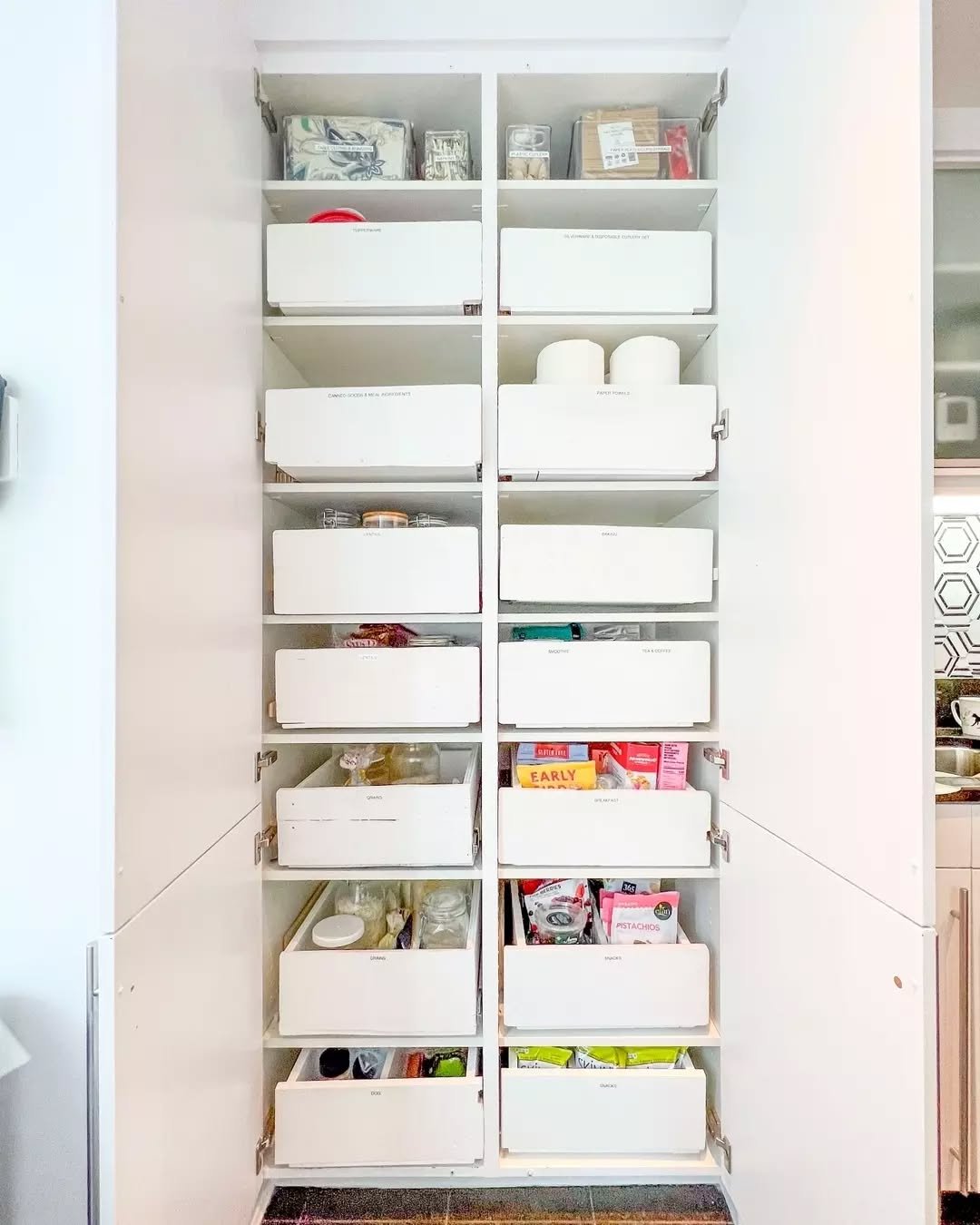 Stacked Floor-to-Ceiling White Pantry Drawers