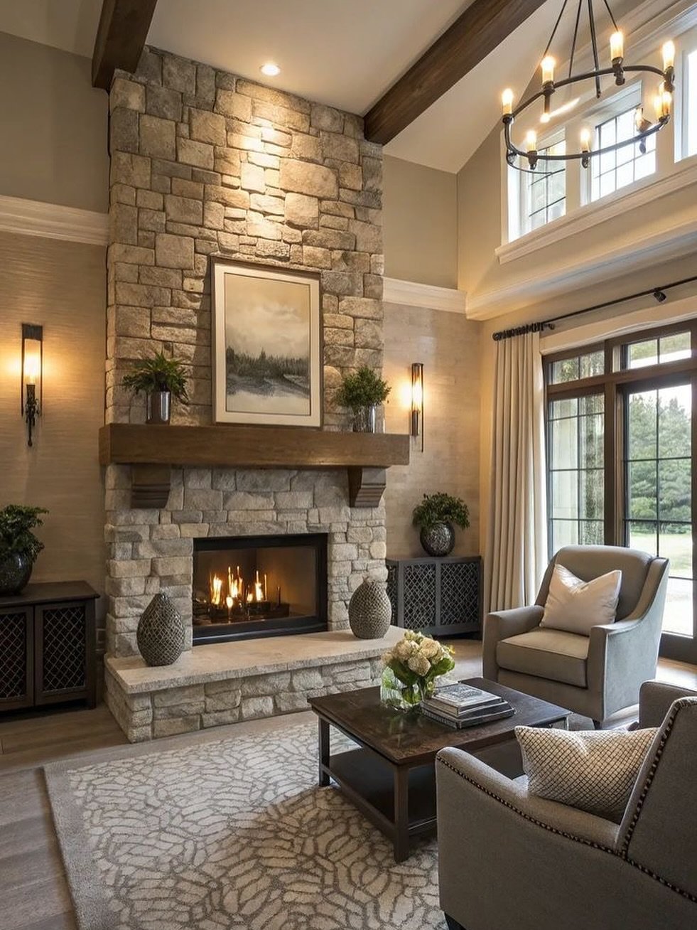 Stacked Stone Fireplace Wall