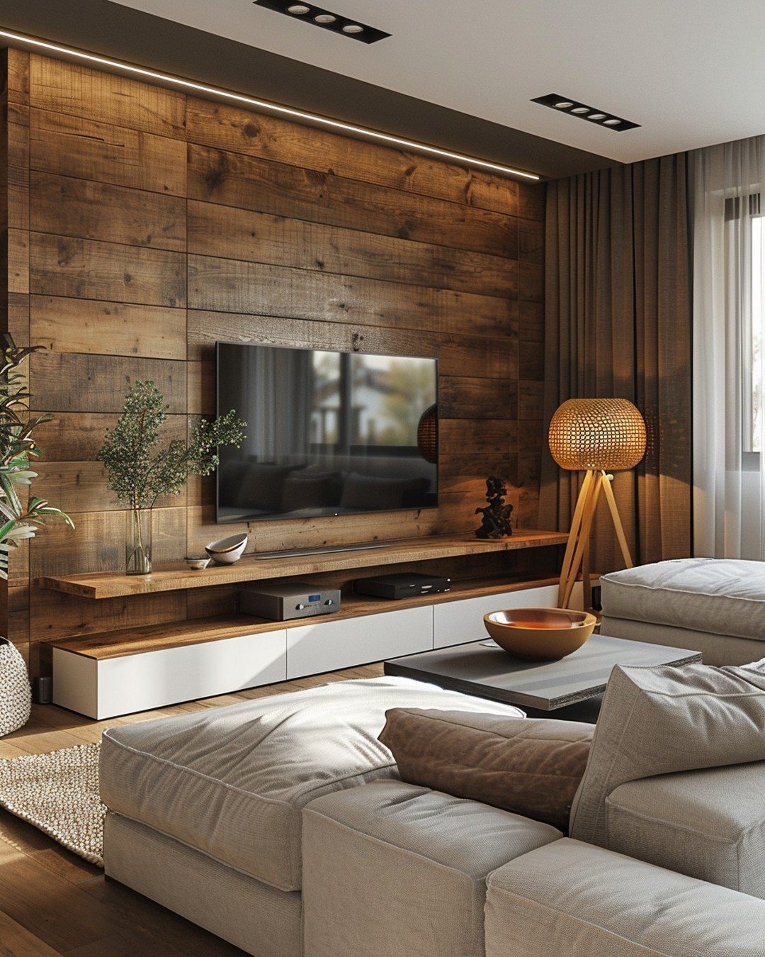 Stacked Stone Fireplace with Oak Mantel and Builtins