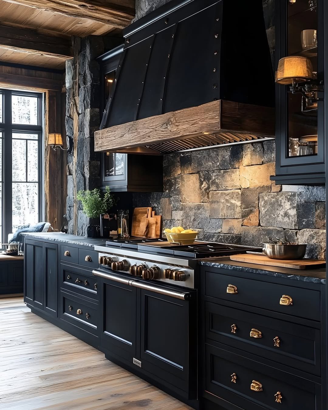 Stone Kitchen with Brass Accents