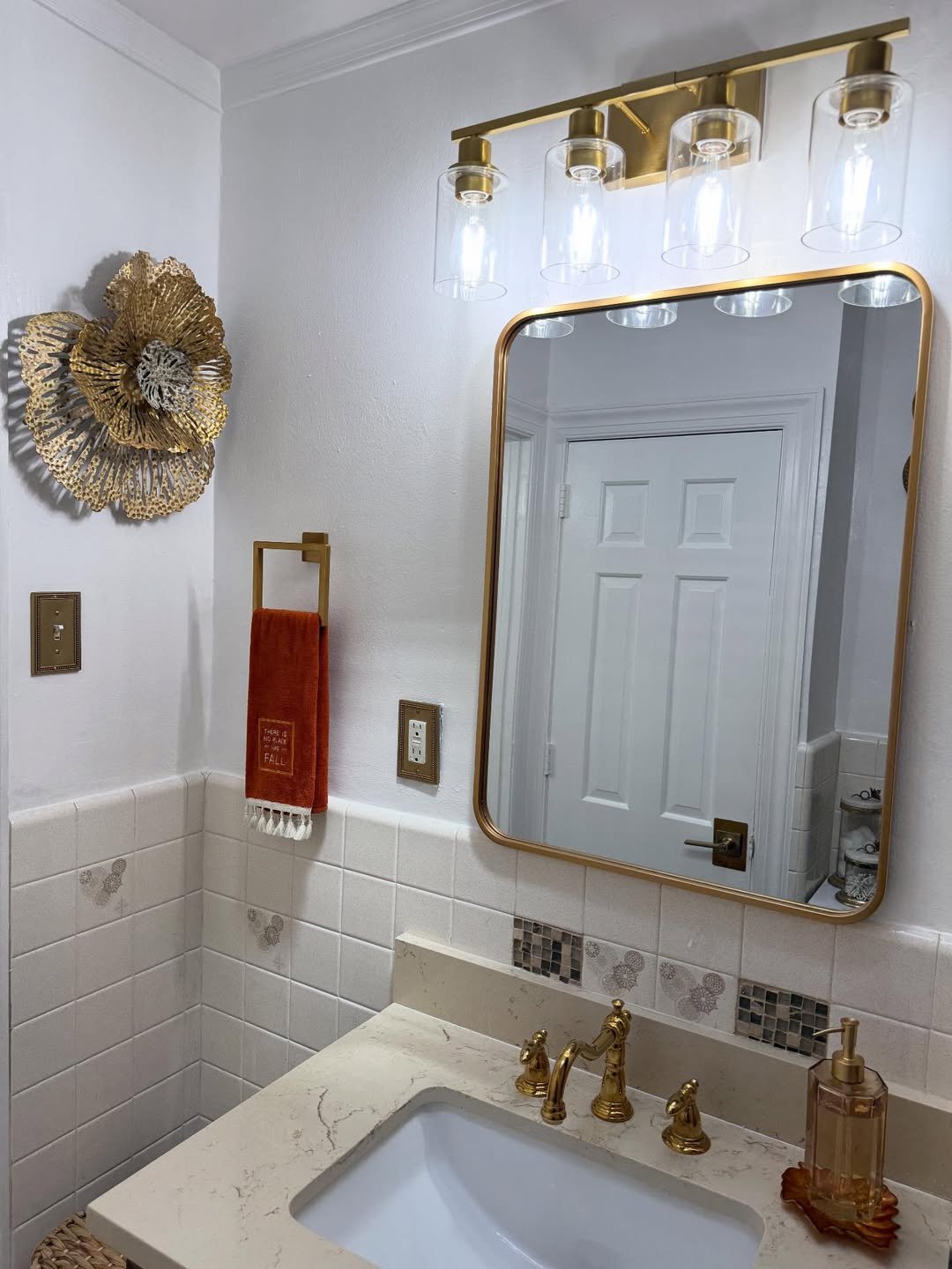 Subtle Gold Accent Fall Bathroom Styling