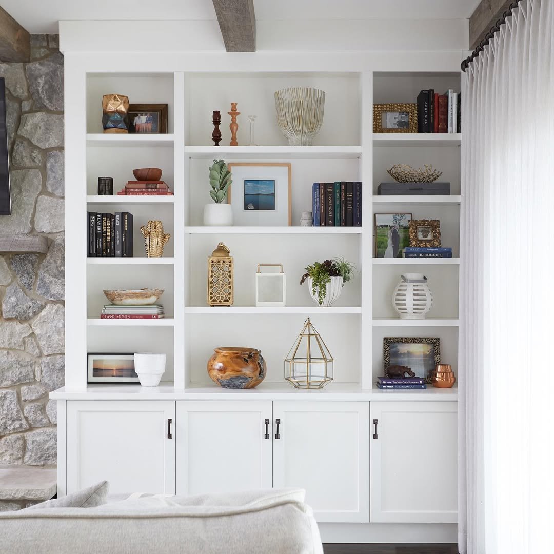 Symmetrical White Fireplace Built-Ins