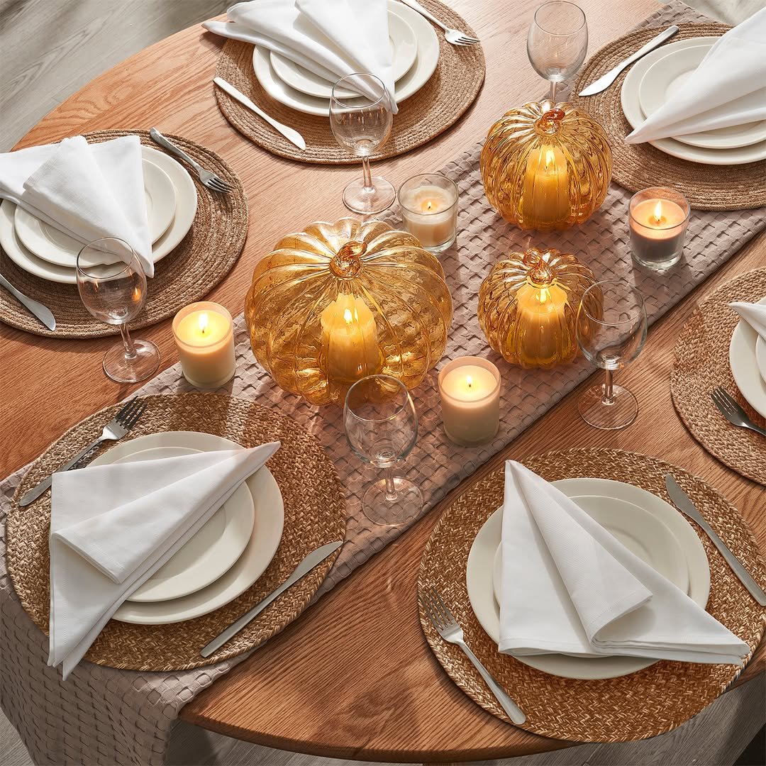 Table with Amber Glass Pumpkins