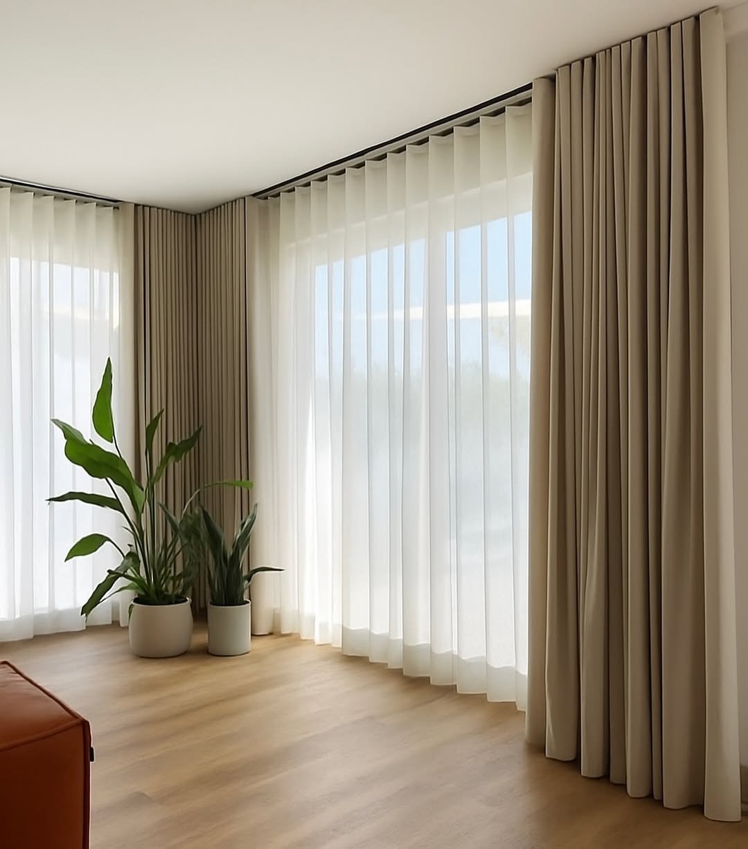 Taupe Layered Corner-Window Curtains