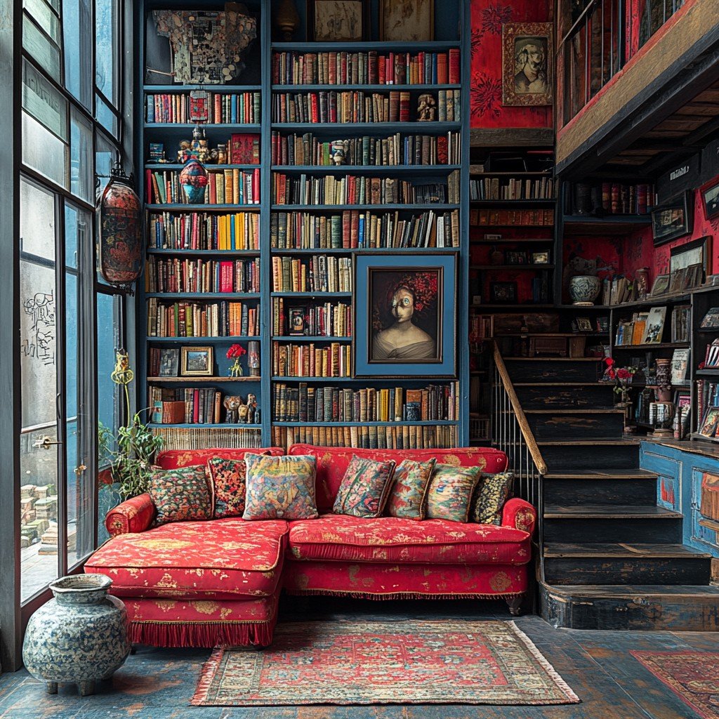 Towering Blue Bookcases