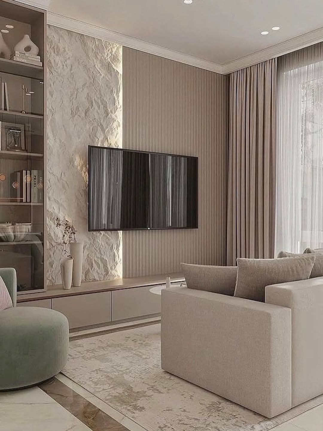 TV Nook with Rough Plaster Stone on One Side