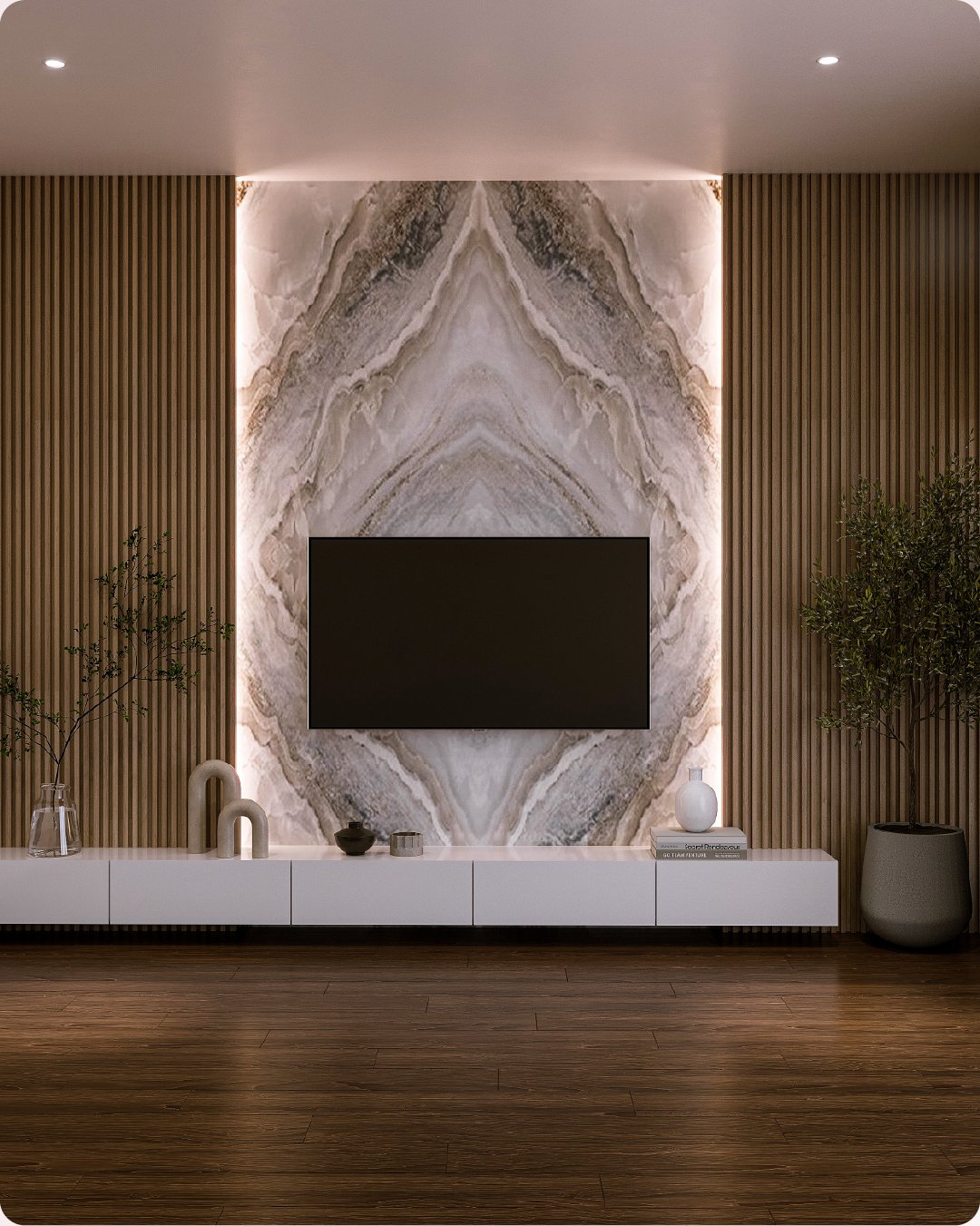 TV Wall in Bookmatched Stone