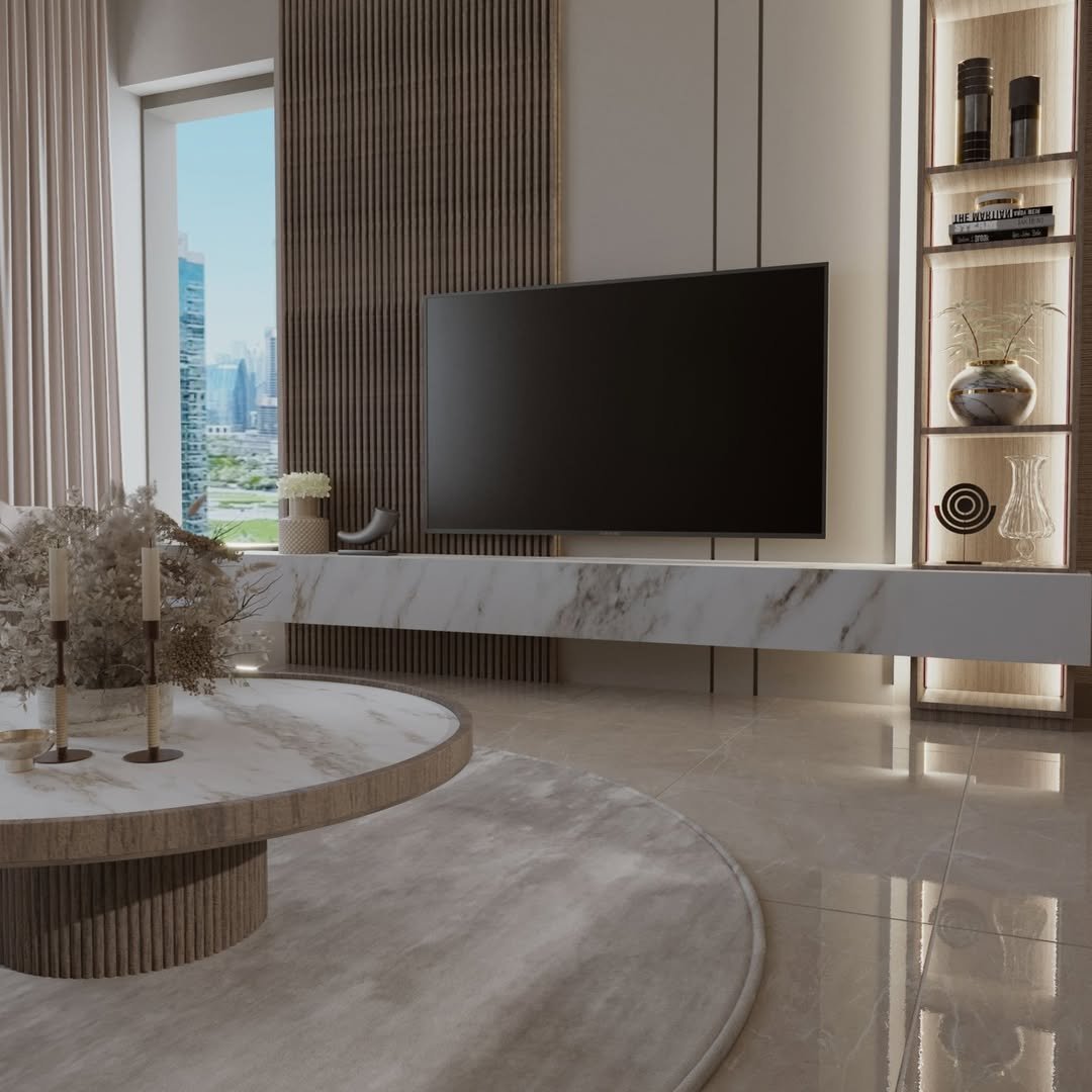 TV Wall with Marble Console and City Skyline