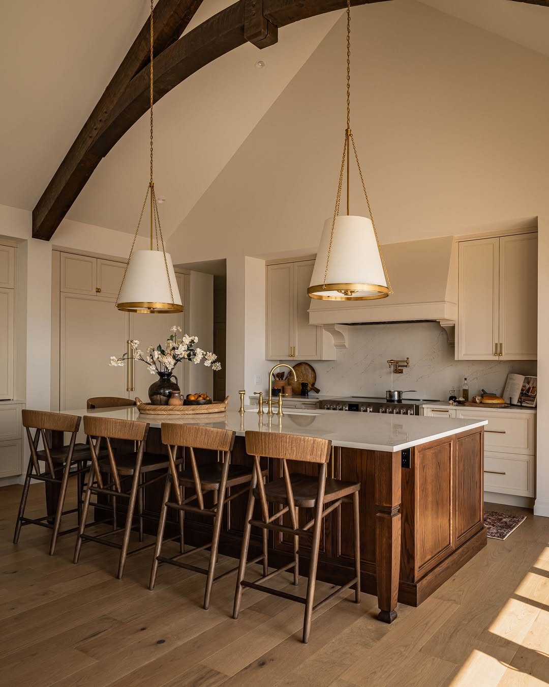 Vaulted Beam Kitchen with Walnut Island