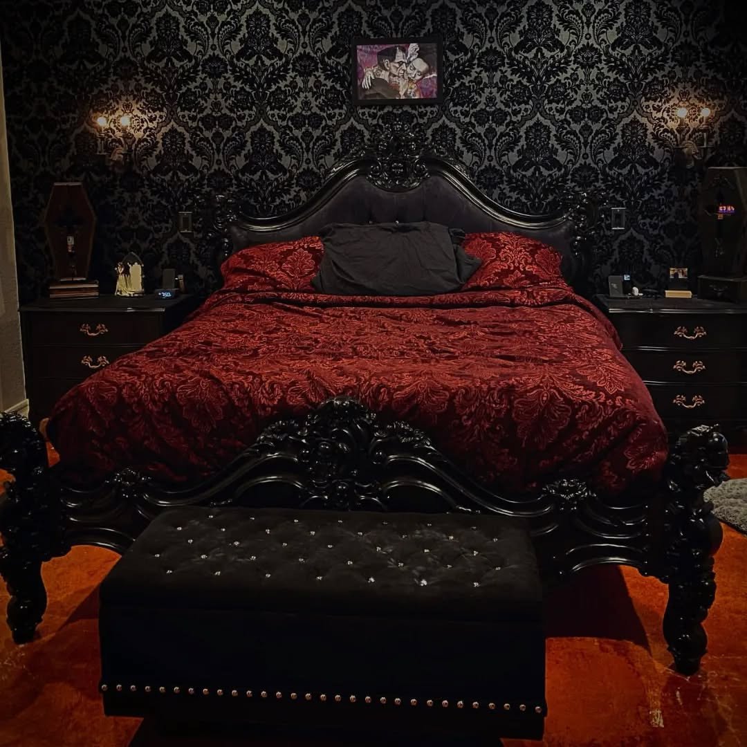 Victorian Gothic Crimson Damask Bedroom