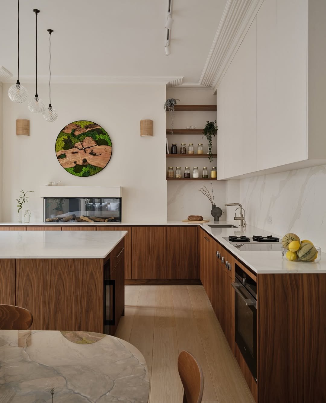 Walnut and White Kitchen with Moss Art