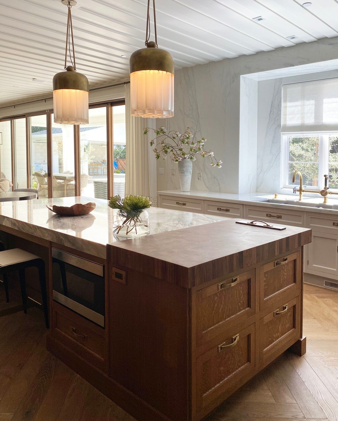 Walnut End Grain Island With Cream Cabinets
