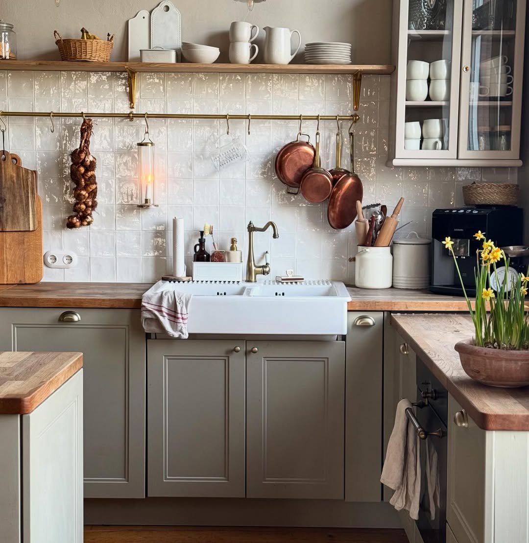 Warm Grey Kitchen with Zellige Tile and Copper Pans