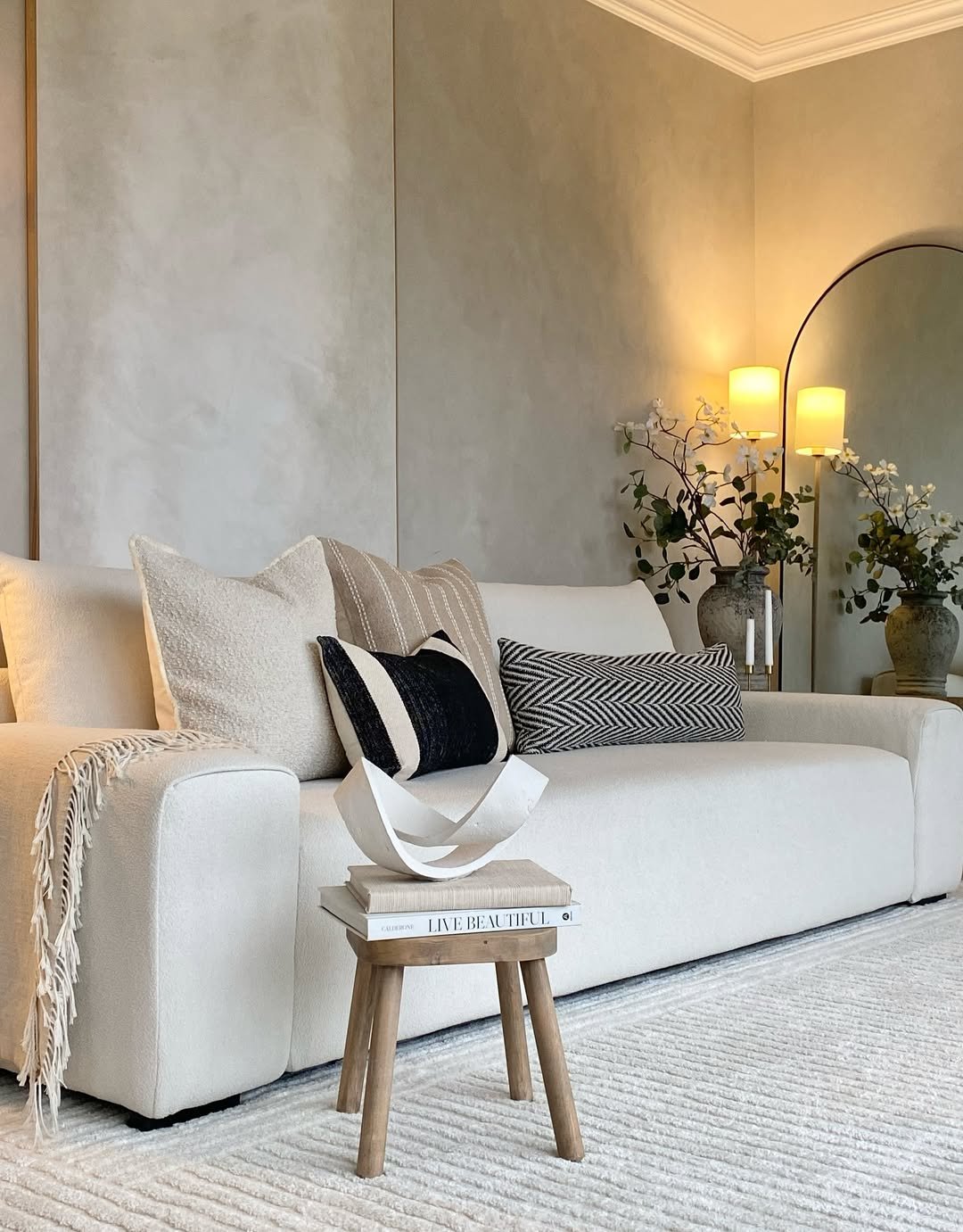Warm Plaster Sofa with Limewash and Boucle