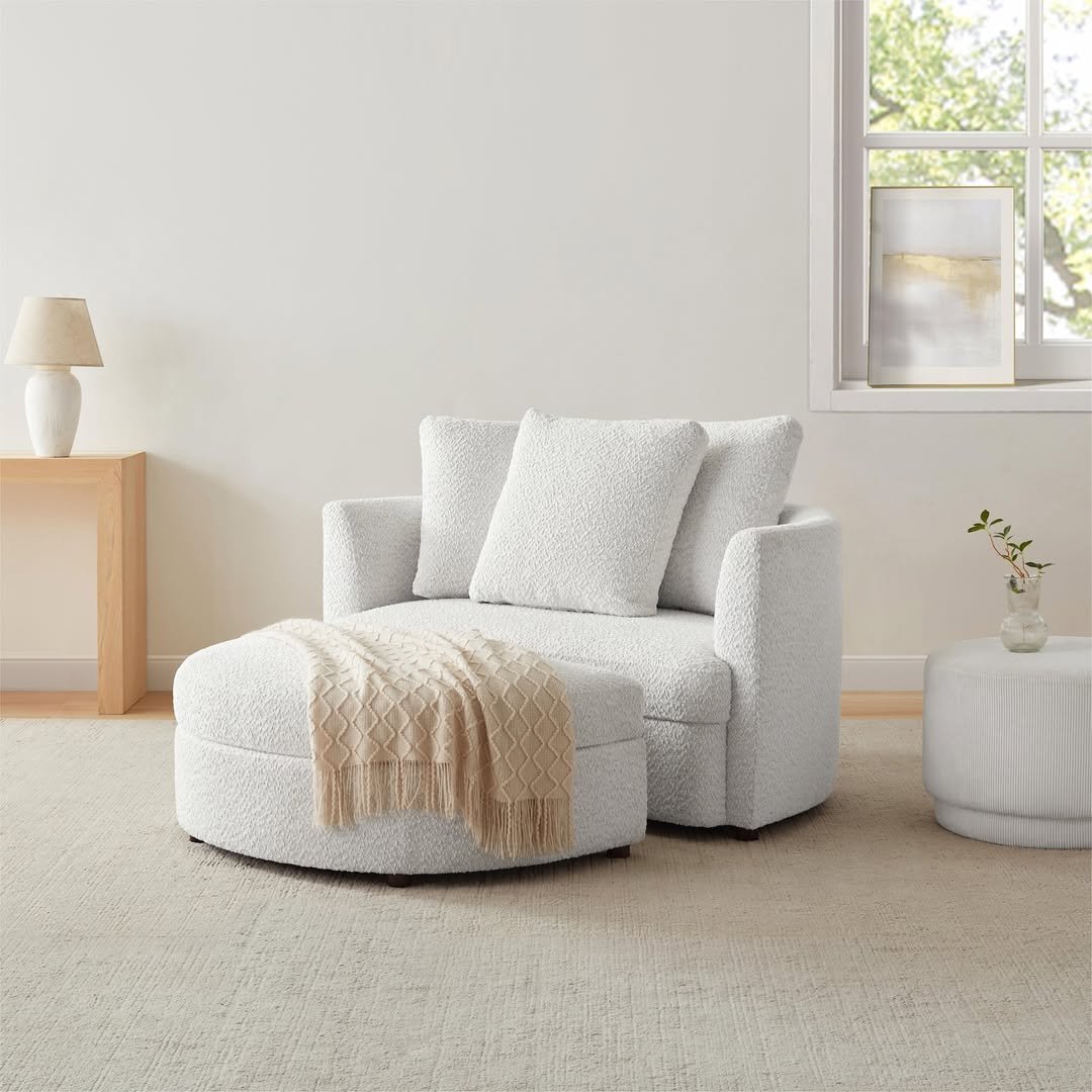 White Boucle Snuggler with Oversized Ottoman