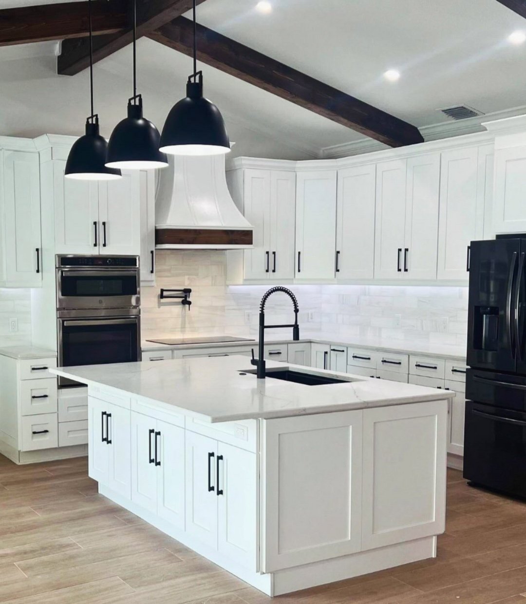 White Farmhouse Kitchen with Exposed Beams