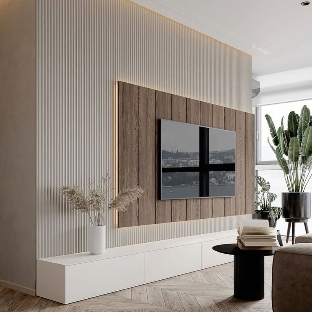 White Fluted TV Wall with Warm Wood Inset