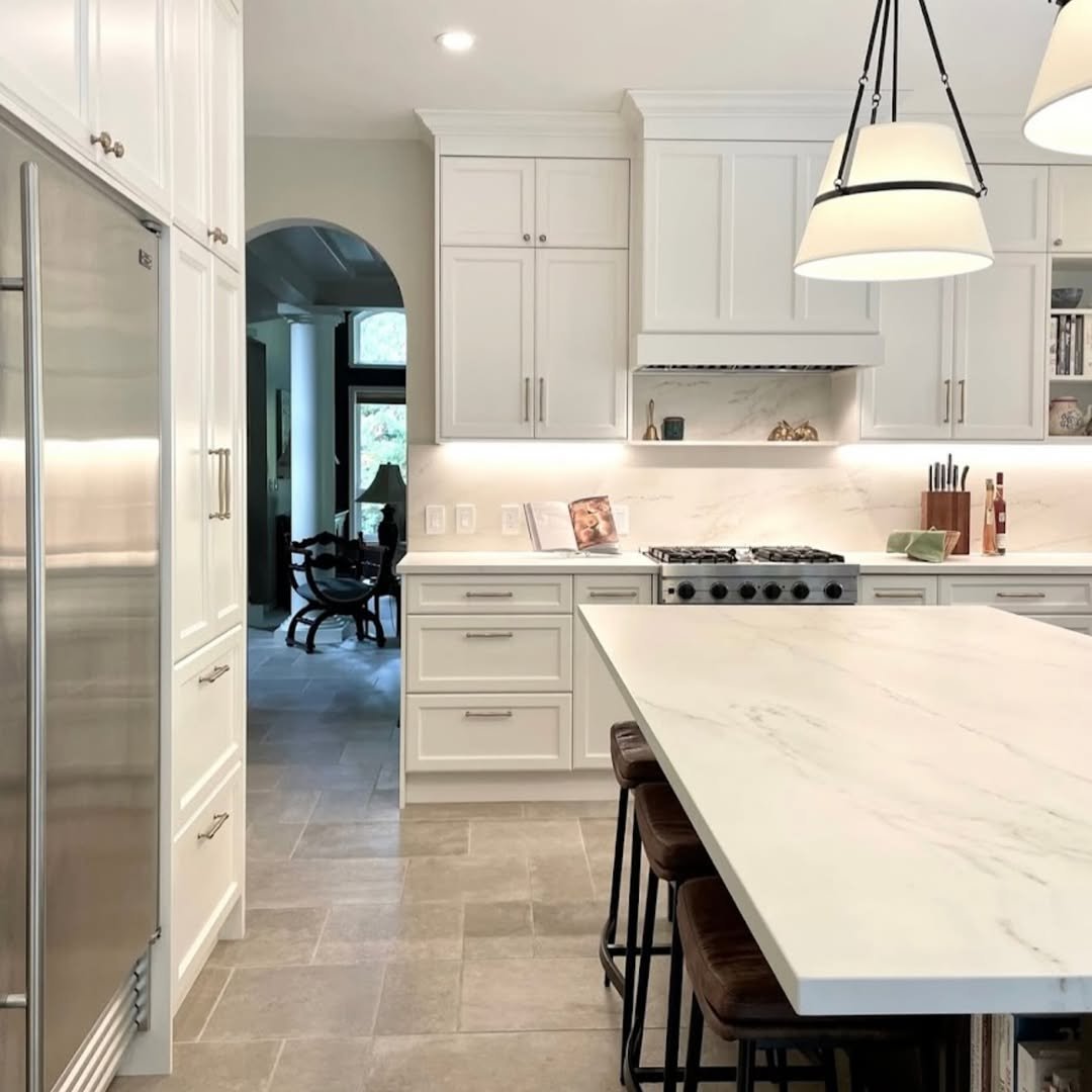 White Inset Cabinetry and Marble Island