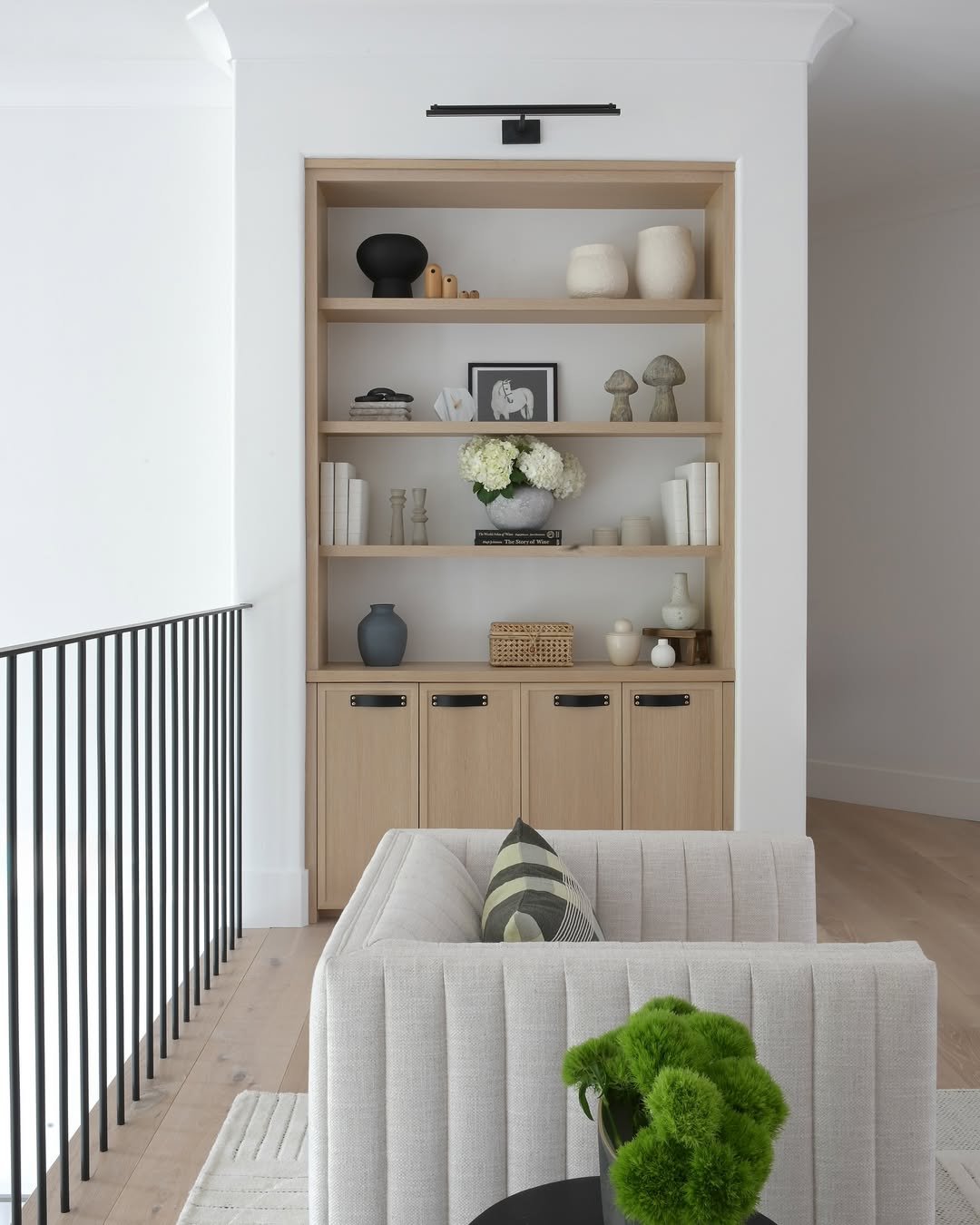 White Oak Niche with Four Open Shelves on White Wall