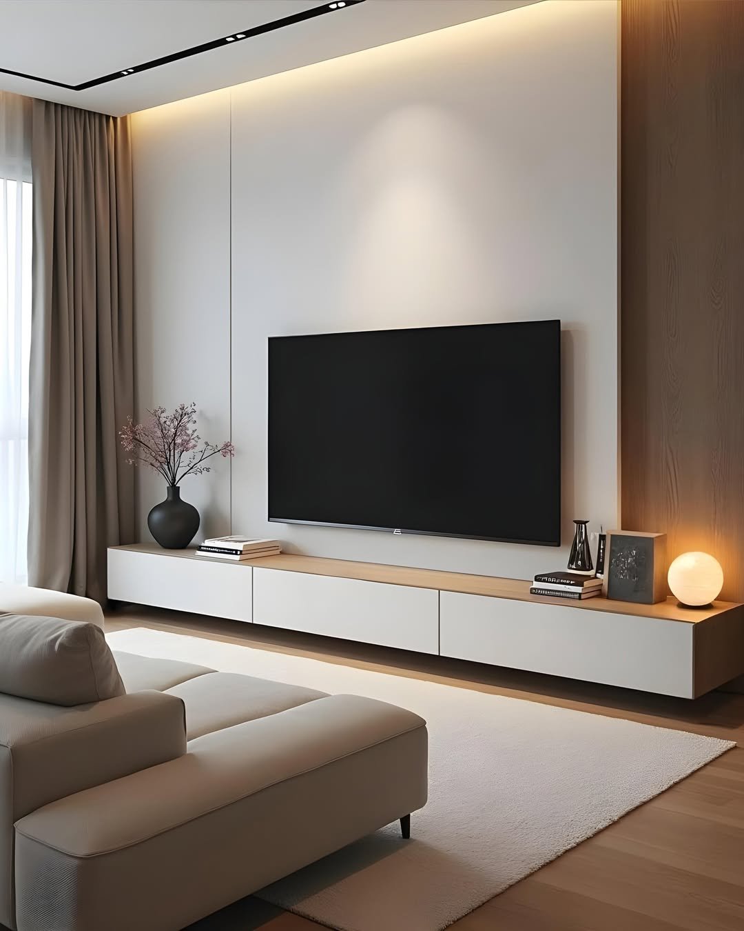 White Plaster TV Wall with Wood Slats