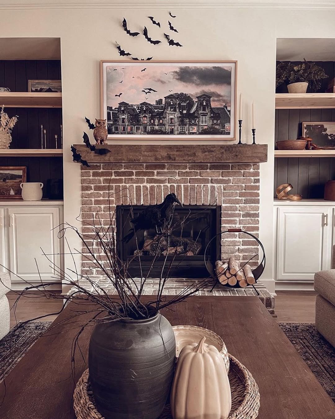 Whitewashed Fireplace with Reclaimed Wood Mantel