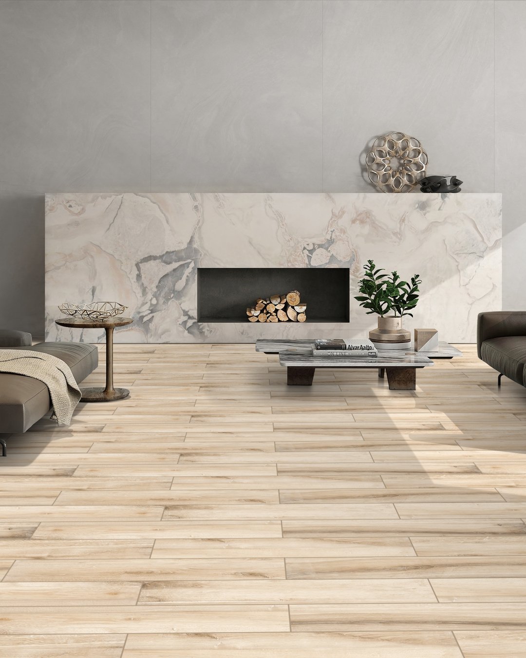 Wood-Look Tile with a Marble Wall