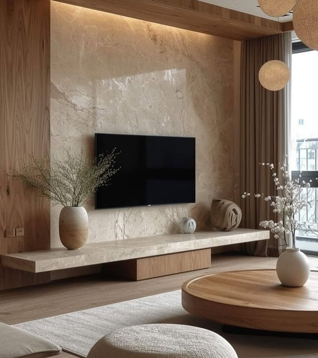 Wood Slat and Stone TV Wall